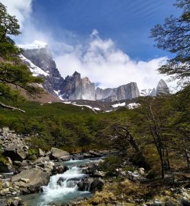 Río y bosque con montañas de fondo